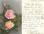 Rosefarbene und gelbliche Rosenblüte mit Knospe gebr. 25.1.1927