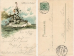 S.M. Battleship Aegir German Navy Litho artist card Siehl June 25, 1899 ​​​​​​​Railway postmark Kiel-Flensburg train 12