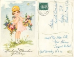 Kind mit Blumenkörben Schmetterling Geburtstagskarte o 25.8.1928