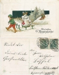 Schneemann / Schneefrau auf Schlitten Neujahr Prägekarte o 31.12.1920