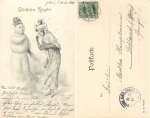 Schneemann und Frau Neujahr Künstlerkarte M.M. Wien o 31.12.1900