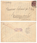 South Africa 3 pence imprinted E.R.I. Single franking on letter o Johannisburg April 27, 1903 to Eisenach