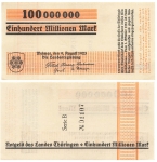Thuringia One hundred million marks Weimar August 9, 1923 Emergency money