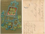 Vergißmeinnicht Staffelei mit Glückskleeblatt Goldrägekarte gebr. ca. 1910