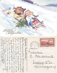 Weihnachten Kind auf Bob mit Spielzeug Künstlerkarte John-Willy o 23.12.1934
