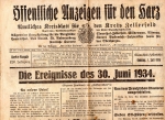 Zellerfeld Harz Kreisblatt from July 1, 1934 about the SA Putsch