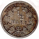 1/2 Mark 1911 F German Empire Silver Coin