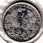 1/2 Mark 1913 E German Empire Silver Coin