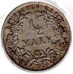 1/2 Mark 1914 J German Empire Silver Coin