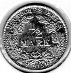 1/2 Mark 1915 E German Empire Silver Coin