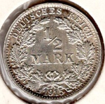 1/2 Mark 1915 F German Empire Silver Coin