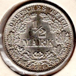 1/2 Mark 1916 A German Empire Silver Coin