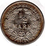 1/2 Mark 1918 E German Empire Silver Coin