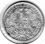1/2 Mark 1919 D ​​German Empire Silver Coin